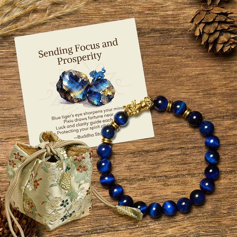 Buddha Stones "Sending Focus and Prosperity" Tiger Eye Pixiu Bracelet Includes Gift Message Card