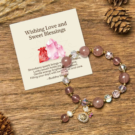 Buddha Stones "Wishing Love and Sweet Blessings"Strawberry Quartz Bracelet Includes Gift Message Card