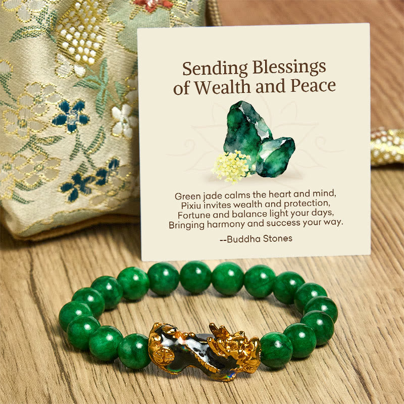 Buddha Stones "Sending Blessings of Wealth and Peace" PiXiu Jade Bracelet Includes Gift Message Card