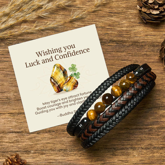 Buddha Stones "Wishing You Luck and Confidence" Tiger Eye Leather Includes Gift Message Card