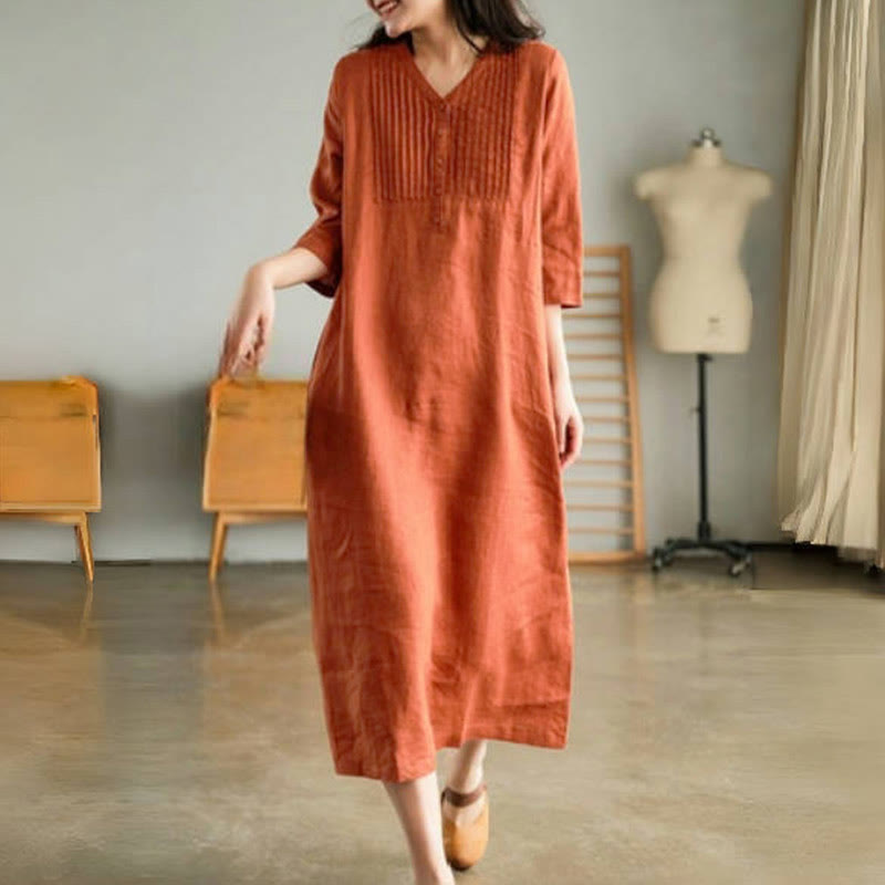 Buddha Stones Casual Plain Accordion Pleats V-neck Half Sleeve Design Midi Dress With Pockets