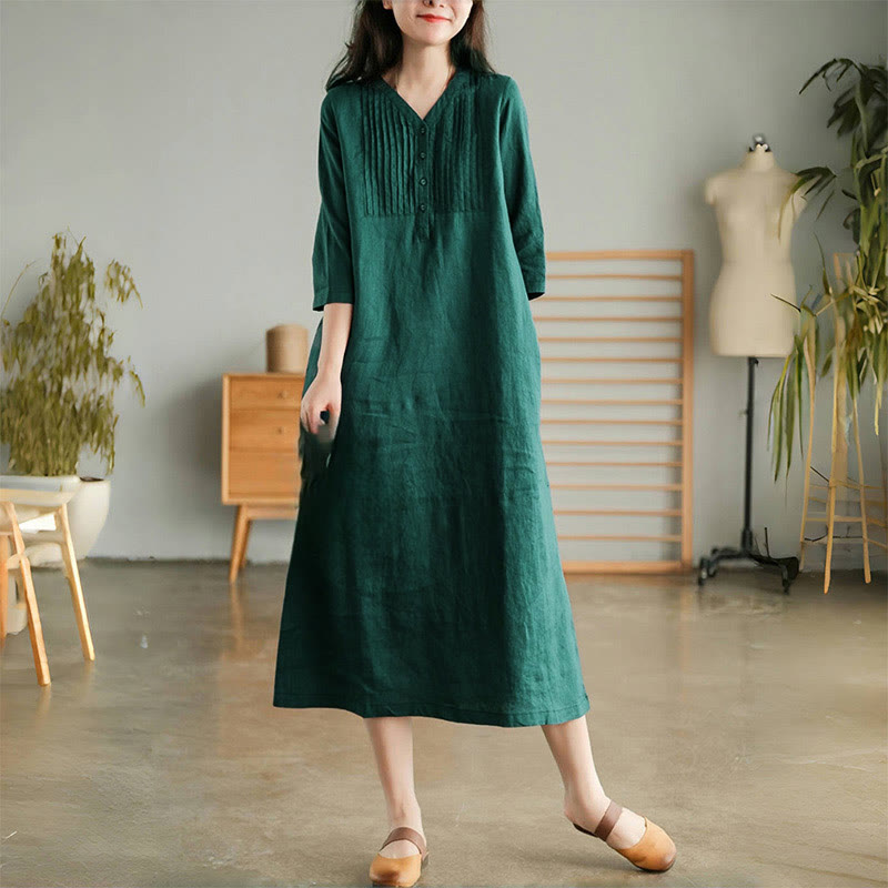 Buddha Stones Casual Plain Accordion Pleats V-neck Half Sleeve Design Midi Dress With Pockets