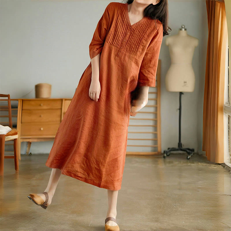 Buddha Stones Casual Plain Accordion Pleats V-neck Half Sleeve Design Midi Dress With Pockets