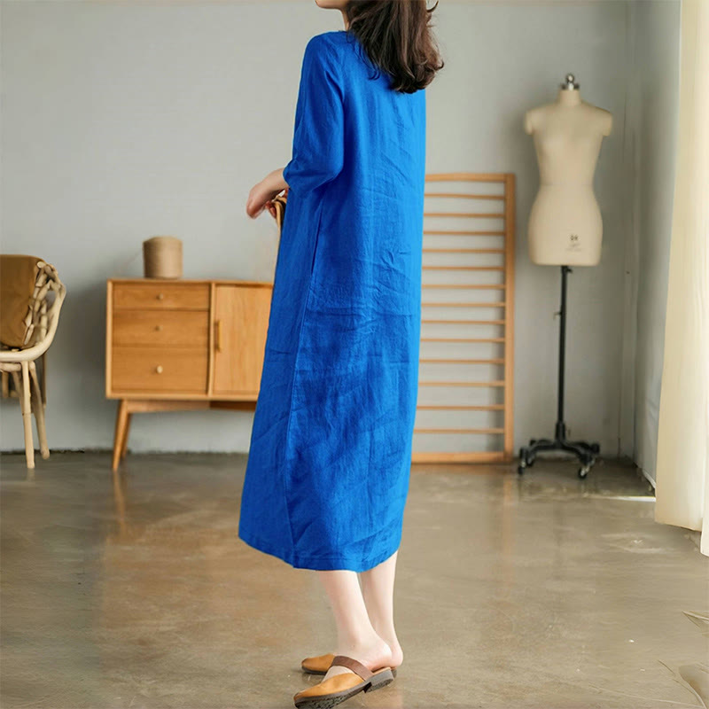 Buddha Stones Casual Plain Accordion Pleats V-neck Half Sleeve Design Midi Dress With Pockets