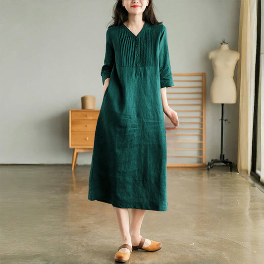 Buddha Stones Casual Plain Accordion Pleats V-neck Half Sleeve Design Midi Dress With Pockets