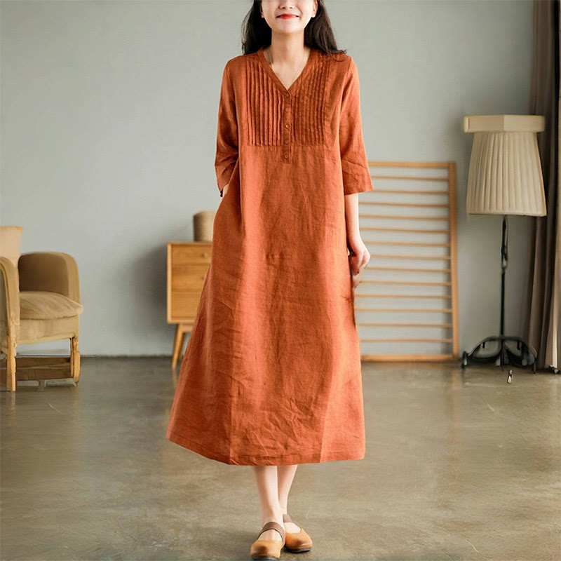 Buddha Stones Casual Plain Accordion Pleats V-neck Half Sleeve Design Midi Dress With Pockets