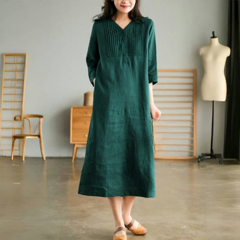 Buddha Stones Casual Plain Accordion Pleats V-neck Half Sleeve Design Midi Dress With Pockets
