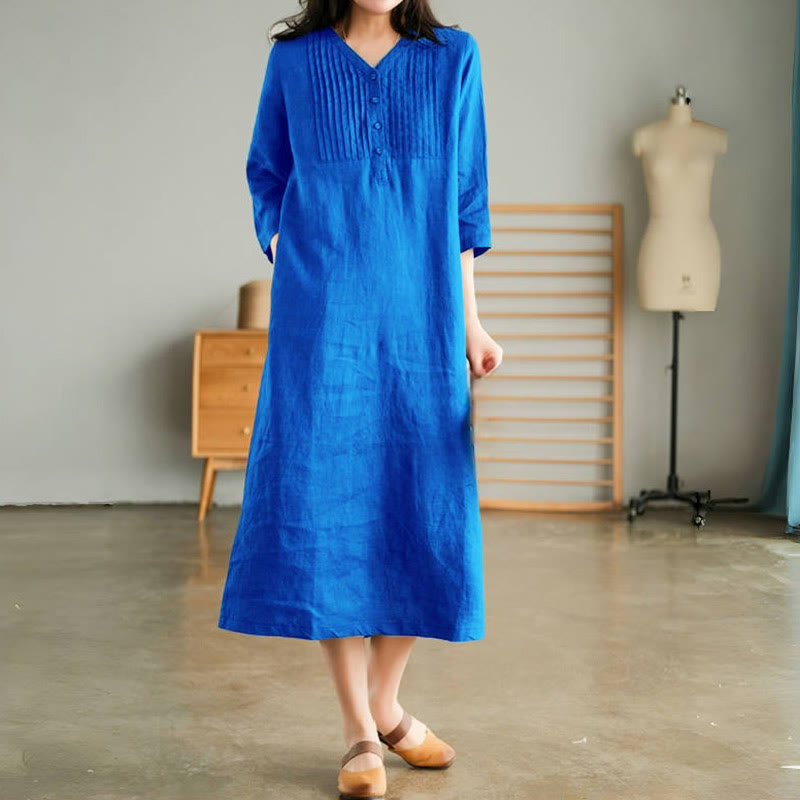 Buddha Stones Casual Plain Accordion Pleats V-neck Half Sleeve Design Midi Dress With Pockets