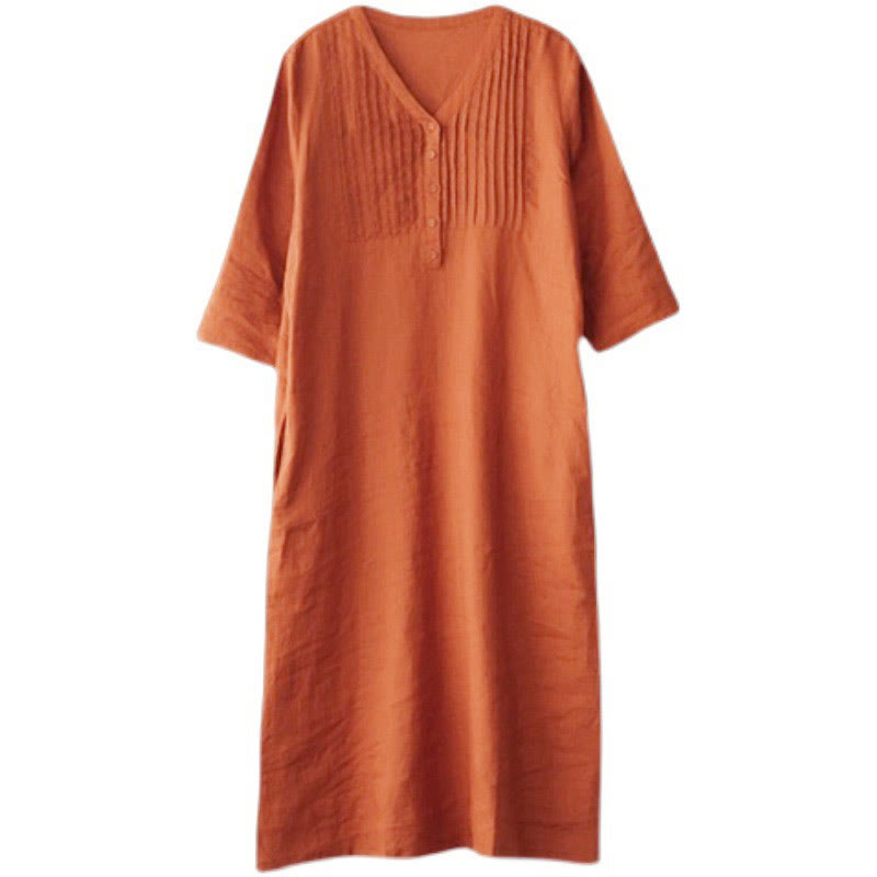Buddha Stones Casual Plain Accordion Pleats V-neck Half Sleeve Design Midi Dress With Pockets