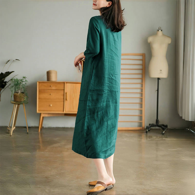 Buddha Stones Casual Plain Accordion Pleats V-neck Half Sleeve Design Midi Dress With Pockets
