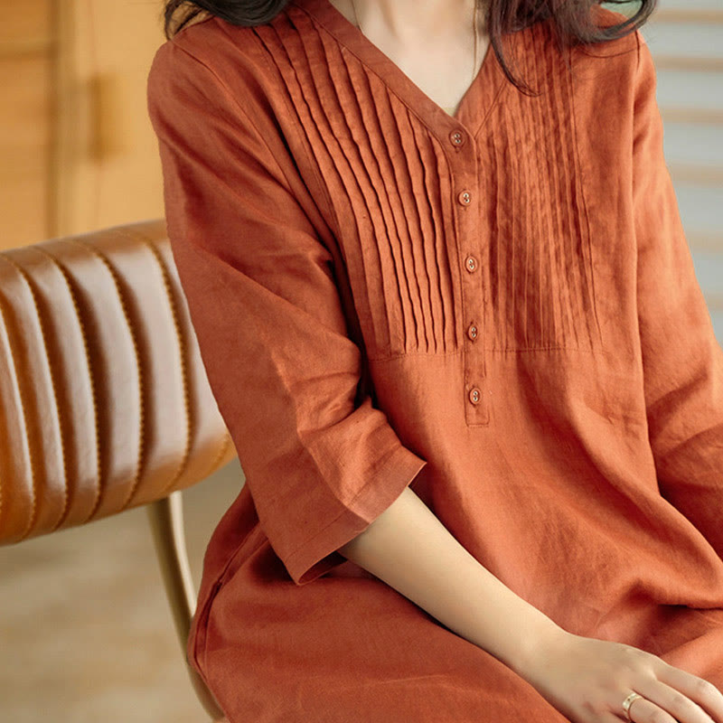 Buddha Stones Casual Plain Accordion Pleats V-neck Half Sleeve Design Midi Dress With Pockets