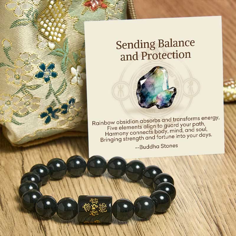 Buddha Stones "Sending Balance and Protection" Rainbow Obsidian Bracelet Includes Gift Message Card