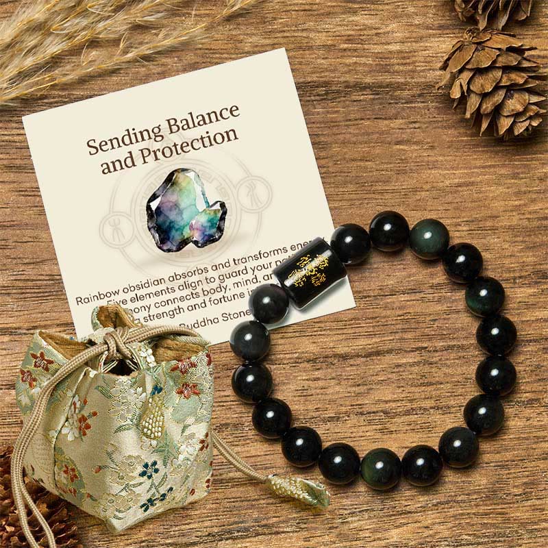 Buddha Stones "Sending Balance and Protection" Rainbow Obsidian Bracelet Includes Gift Message Card
