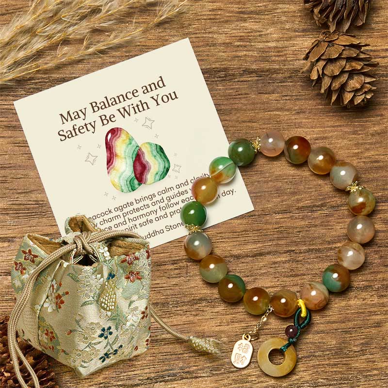 Buddha Stones "May Balance and Safety Be With You"Peacock Agate Bracelet Includes Gift Message Card