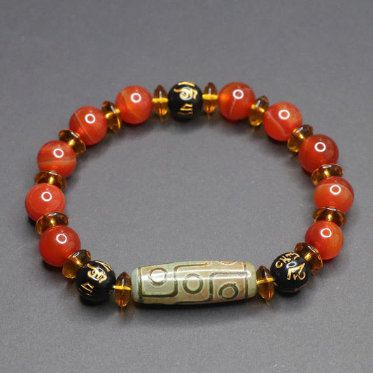 Buddha Stones Red Agate Nine-eye Dzi Bead Six True Words Calm Bracelet