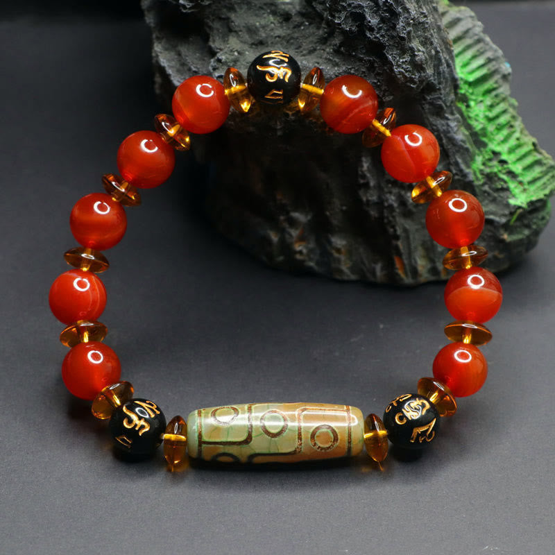 Buddha Stones Red Agate Nine-eye Dzi Bead Six True Words Calm Bracelet