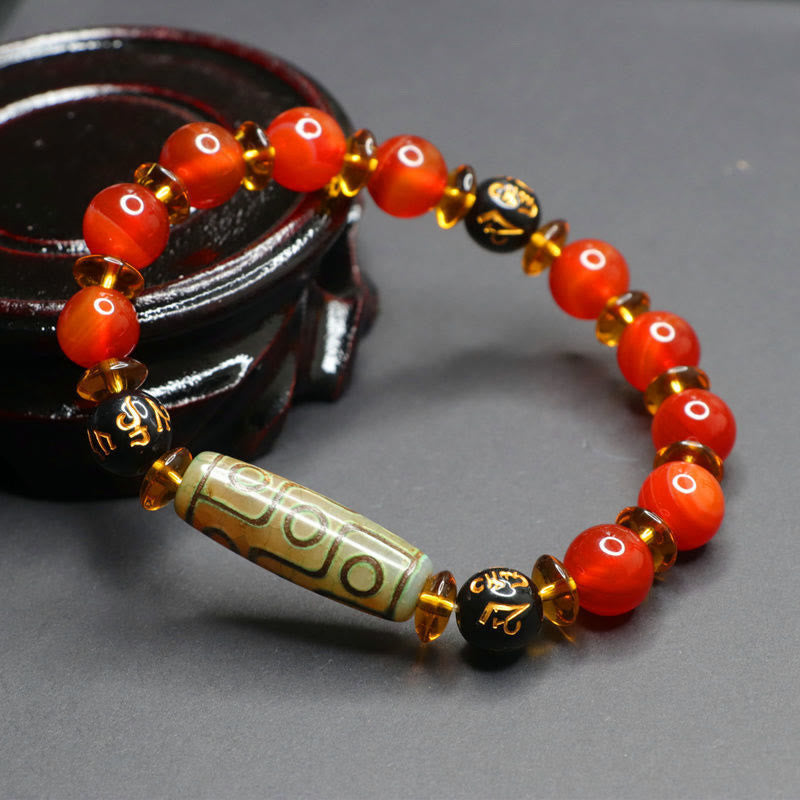 Buddha Stones Red Agate Nine-eye Dzi Bead Six True Words Calm Bracelet