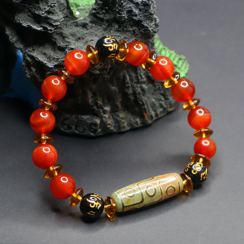 Buddha Stones Red Agate Nine-eye Dzi Bead Six True Words Calm Bracelet
