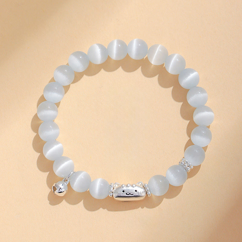 Buddha Stones 999 Sterling Silver Natural Cat Head White Cat's Eye White Agate Positive Bracelet
