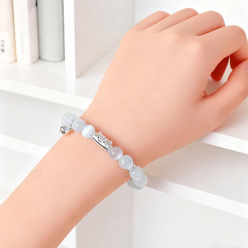 Buddha Stones 999 Sterling Silver Natural Cat Head White Cat's Eye White Agate Positive Bracelet