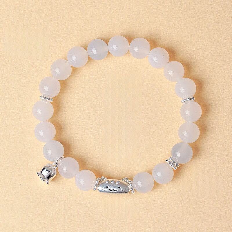 Buddha Stones 999 Sterling Silver Natural Cat Head White Cat's Eye White Agate Positive Bracelet