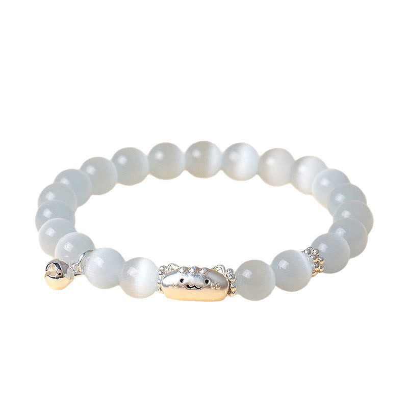 Buddha Stones 999 Sterling Silver Natural Cat Head White Cat's Eye White Agate Positive Bracelet