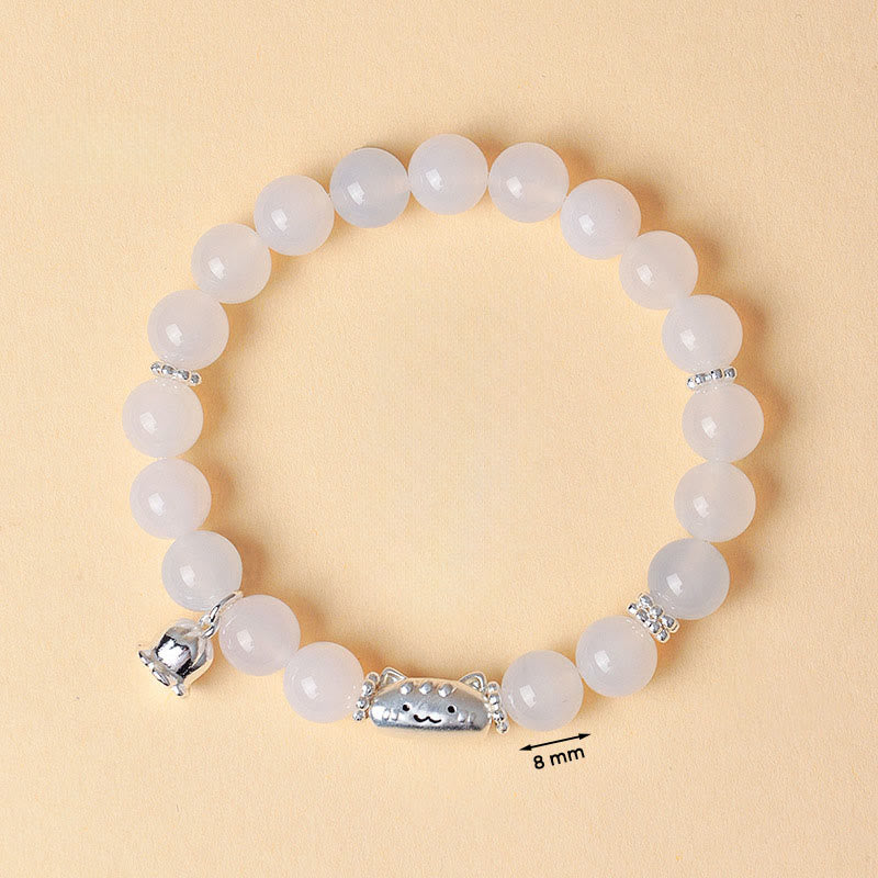 Buddha Stones 999 Sterling Silver Natural Cat Head White Cat's Eye White Agate Positive Bracelet