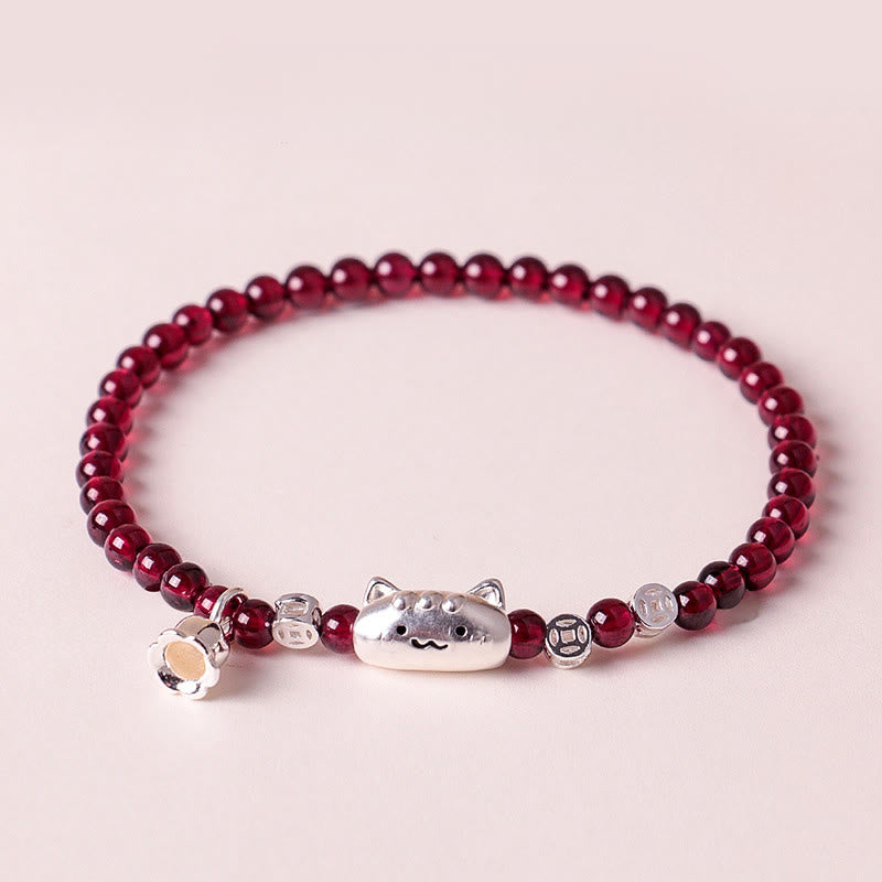 Buddha Stones 999 Sterling Silver Natural Cute Cat Head Garnet Protection Bead Bracelet