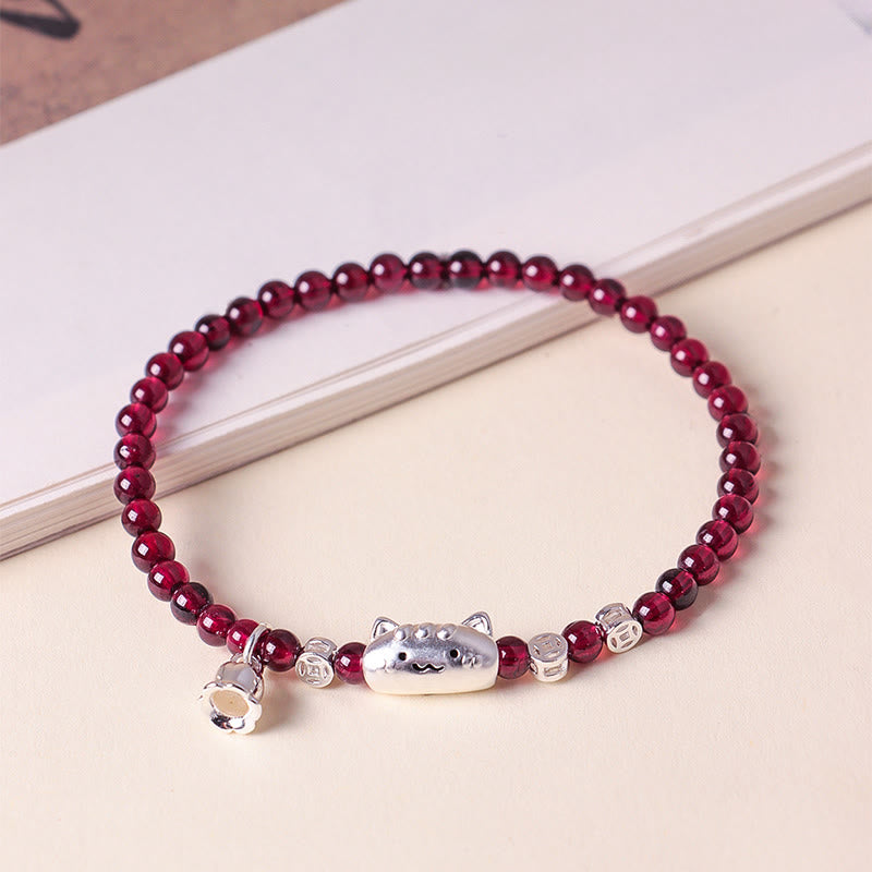 Buddha Stones 999 Sterling Silver Natural Cute Cat Head Garnet Protection Bead Bracelet
