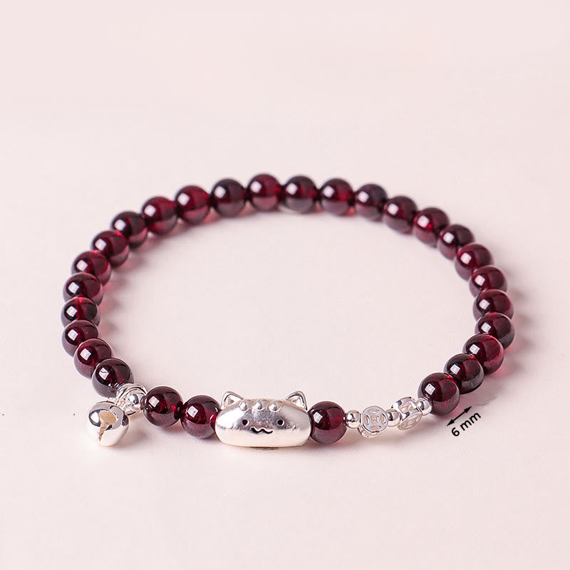 Buddha Stones 999 Sterling Silver Natural Cute Cat Head Garnet Protection Bead Bracelet