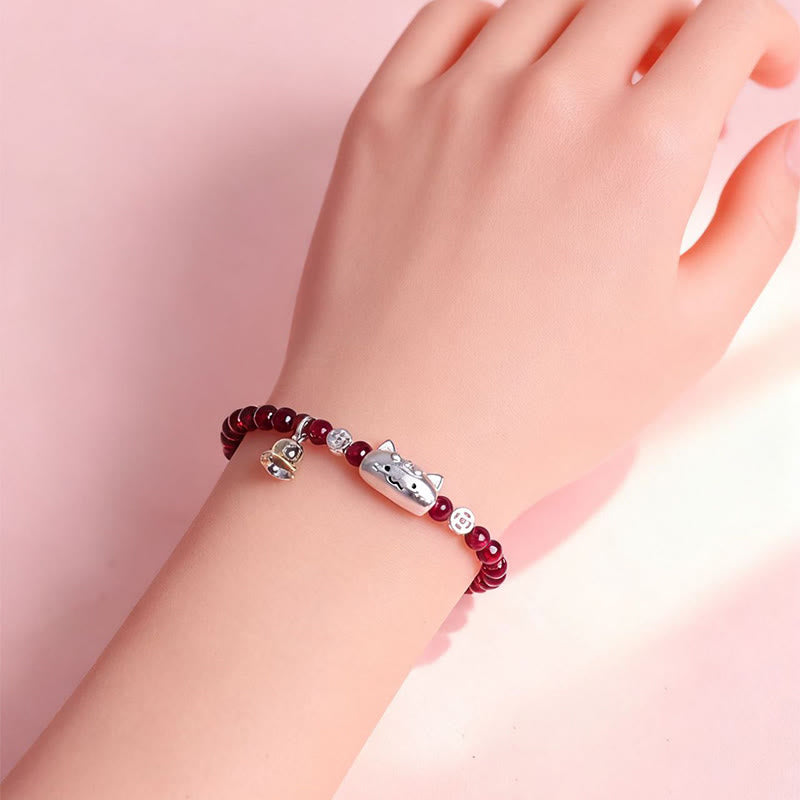 Buddha Stones 999 Sterling Silver Natural Cute Cat Head Garnet Protection Bead Bracelet