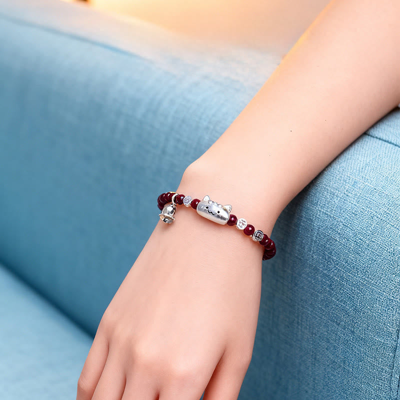 Buddha Stones 999 Sterling Silver Natural Cute Cat Head Garnet Protection Bead Bracelet