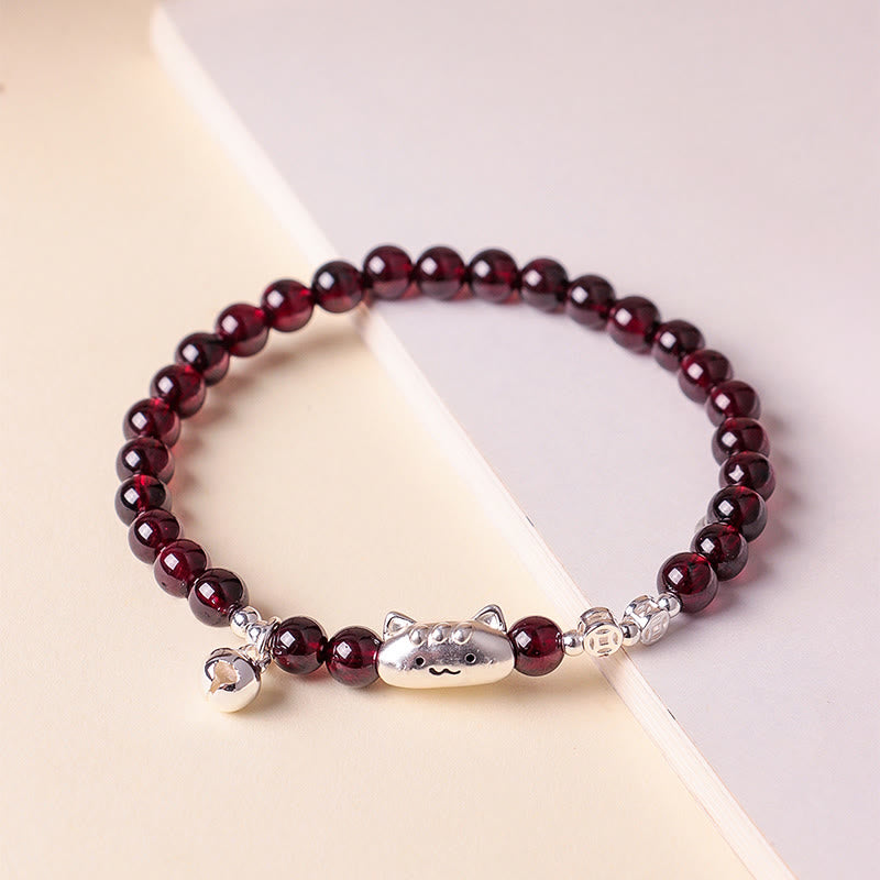 Buddha Stones 999 Sterling Silver Natural Cute Cat Head Garnet Protection Bead Bracelet