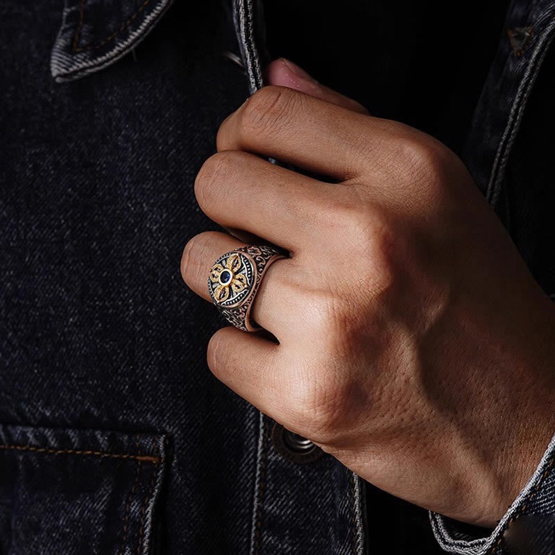 Buddha Stones Tibetan Cross Design Vajra Auspicious Clouds Pattern Copper Adjustable Balance Ring