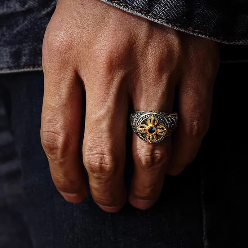 Buddha Stones Tibetan Cross Design Vajra Auspicious Clouds Pattern Copper Adjustable Balance Ring
