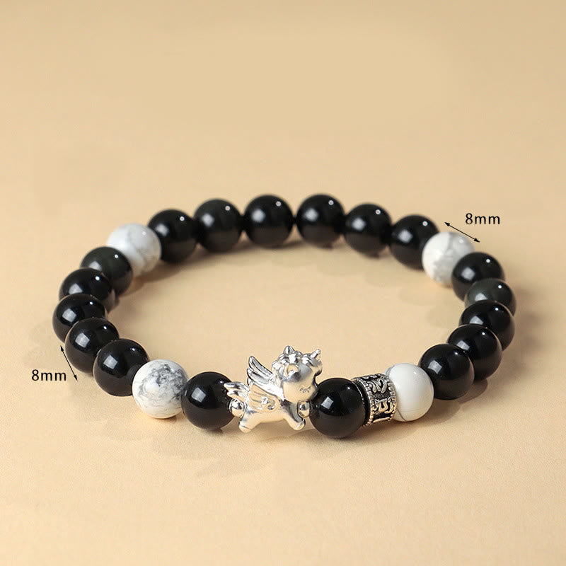 Buddha Stones 999 Sterling Silver Year of the Horse Natural Black Obsidian Bodhi Seed Strength Bracelet