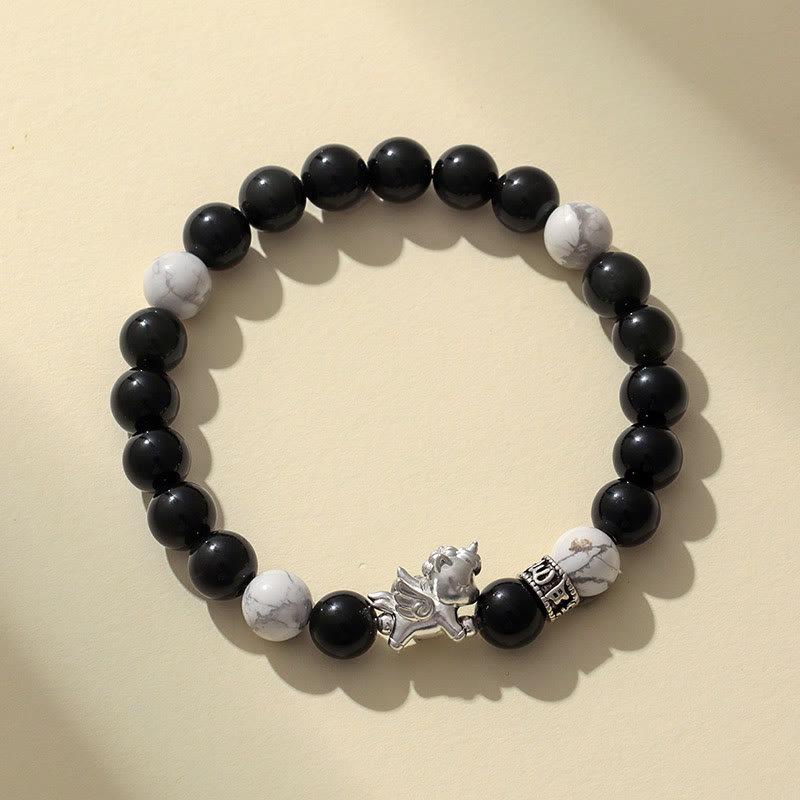 Buddha Stones 999 Sterling Silver Year of the Horse Natural Black Obsidian Bodhi Seed Strength Bracelet