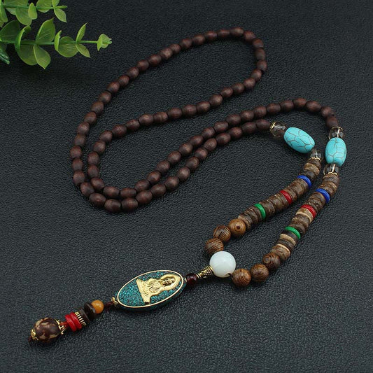 Buddha Stones Vintage Nepal Avalokitesvara Harmony Coconut Shell Beads Pendant Necklace