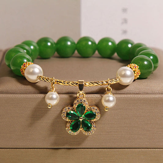 Buddha Stones Green Jasper Pearl Flower Balance Bracelet