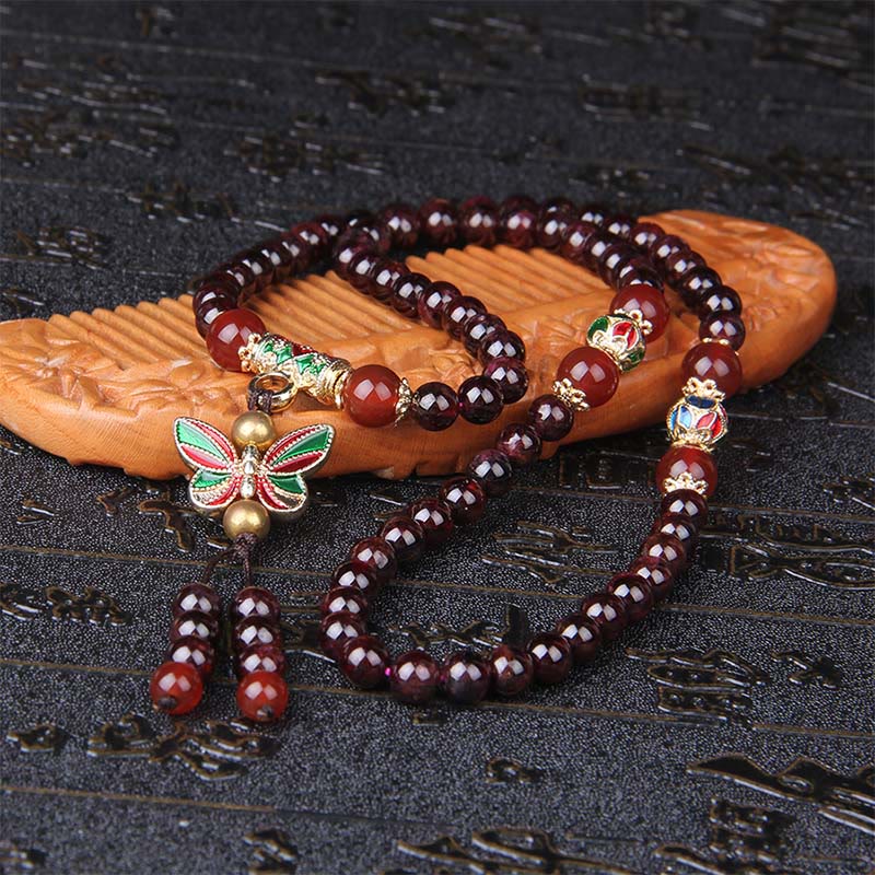 Buddha Stones Natural Garnet Red Agate Colorful Butterfly Purification Calm Multi-layer Bracelet