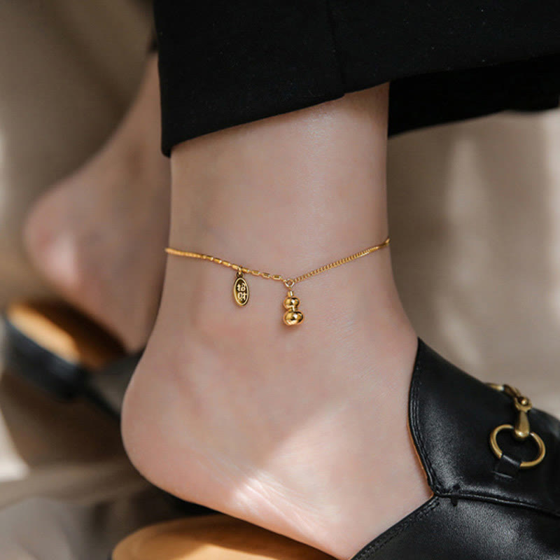Buddha Stones 18k Gold Plated Copper Lucky Gourd Design Wealth Buckle Anklet