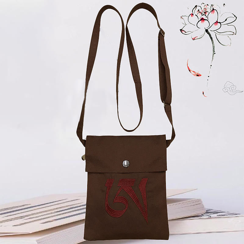 Buddha Stones Handmade OM Mantra Embroidered Spiritual Mind Practice Cotton Crossbody Bag Shoulder Bag Cellphone Bag