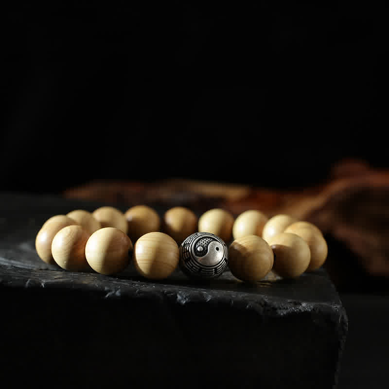 Buddha Stones Tibet Peach Wood Lotus Cinnabar Bagua Yin Yang Luck Wealth Bracelet