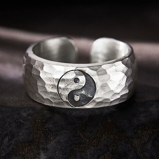 Buddha Stones Handmade 999 Sterling Silver Yin Yang Bagua Symbol Harmony Adjustable Ring