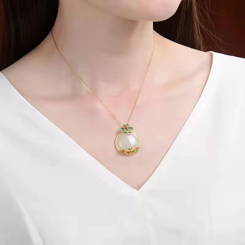 Buddha Stones White Jade Red Agate Flower Blessing Luck Necklace Pendant