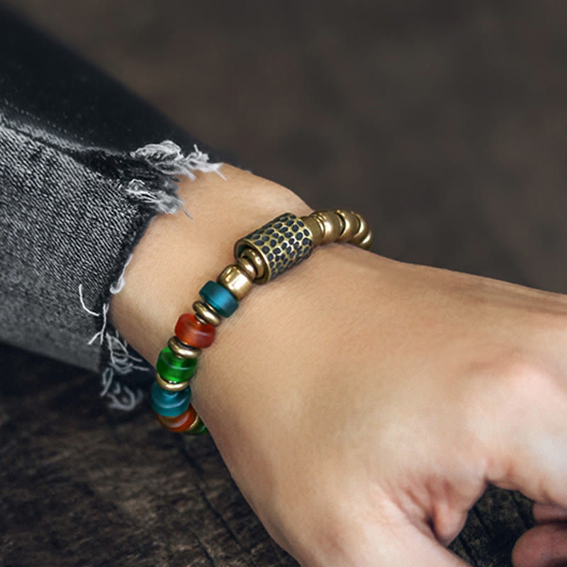 Buddha Stones Tibetan Colorful Glass Beads Copper Wealth Bracelet