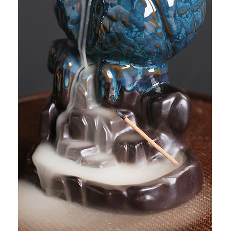 Buddha Stones Cute Owl Ceramic Backflow Smoke Fountain Meditation Healing Incense Burner Decoration