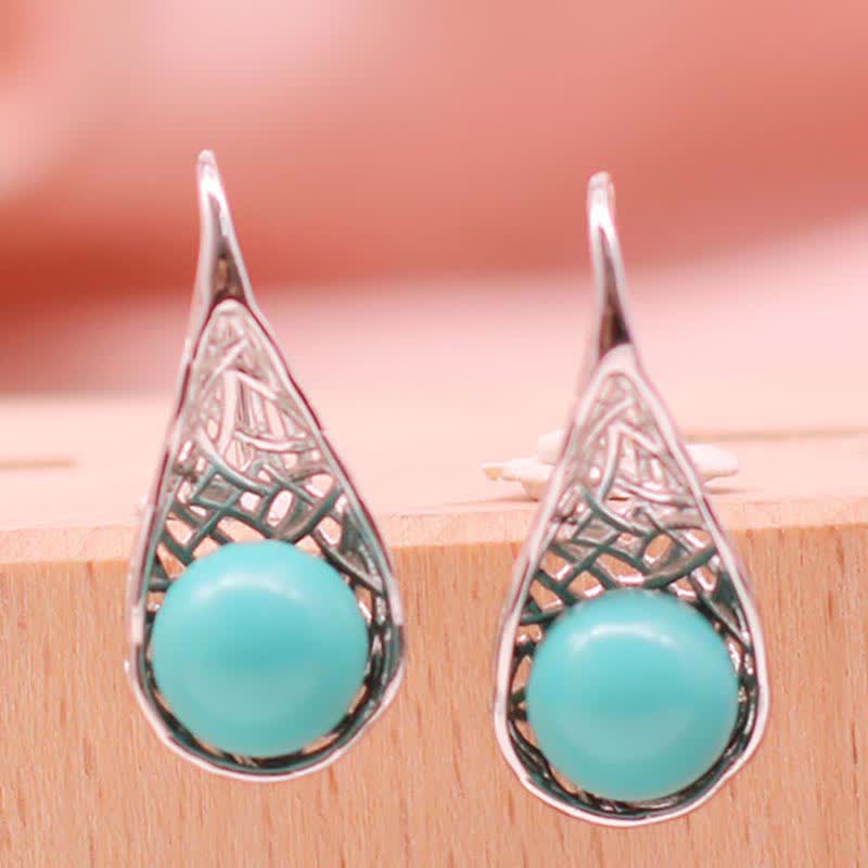 Buddha Stones 925 Sterling Silver Turquoise Beaded Pattern Protection Drop Dangle Earrings