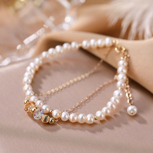 Buddha Stones 925 Sterling Silver Plated 14k Gold Natural Pearl Crystal Healing Double Layer Bracelet