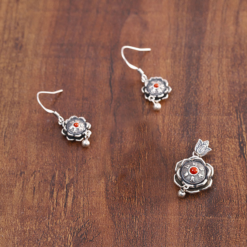 Buddha Stones 925 Sterling Silver Om Mani Padme Hum Lotus Peace Necklace Pendant Earrings